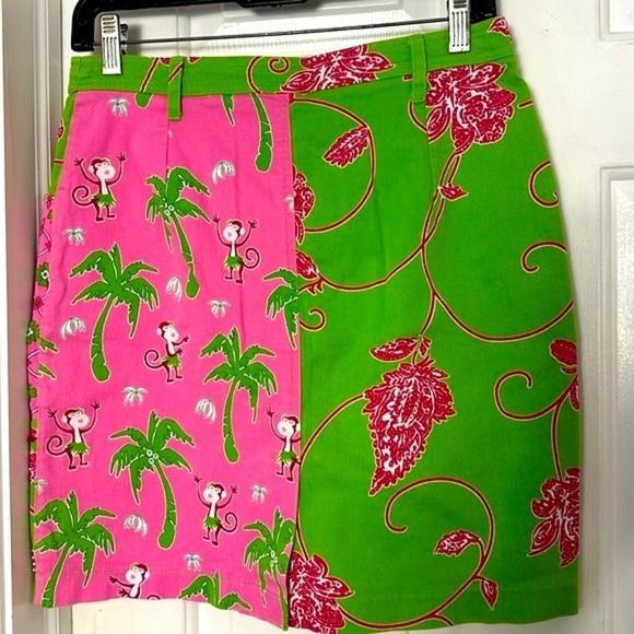 Women’s Vanity Petites Pink and Green Patchwork Style Preppy Cotton Blend Skirt - Picture 7 of 8